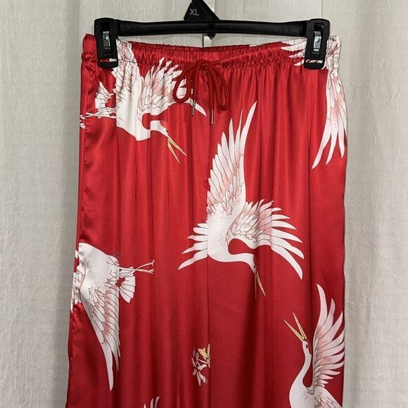 DALIA MACPHEE M & LβRed White Satin Ibis Bird Print Long Sleeve Long Pant PJ Set - Picture 12 of 16